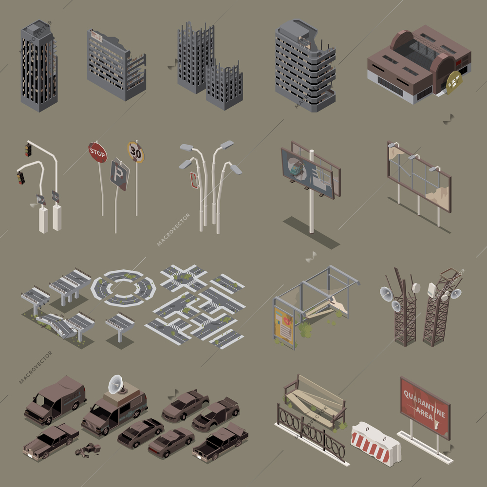 Post apocalypse city isometric set of destroyed buildings empty cars broken equipment isolated vector illustration