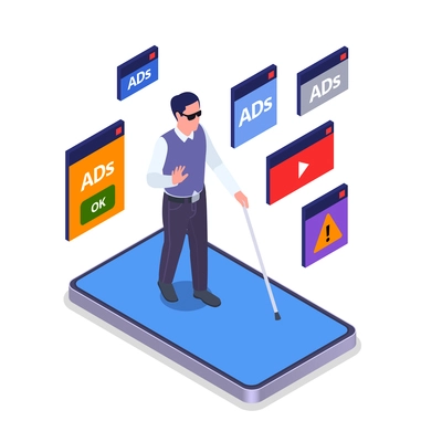 Marketing technologies isometric colored composition blind man walks along an abstract road and encounters various advertisements on his way vector illustration