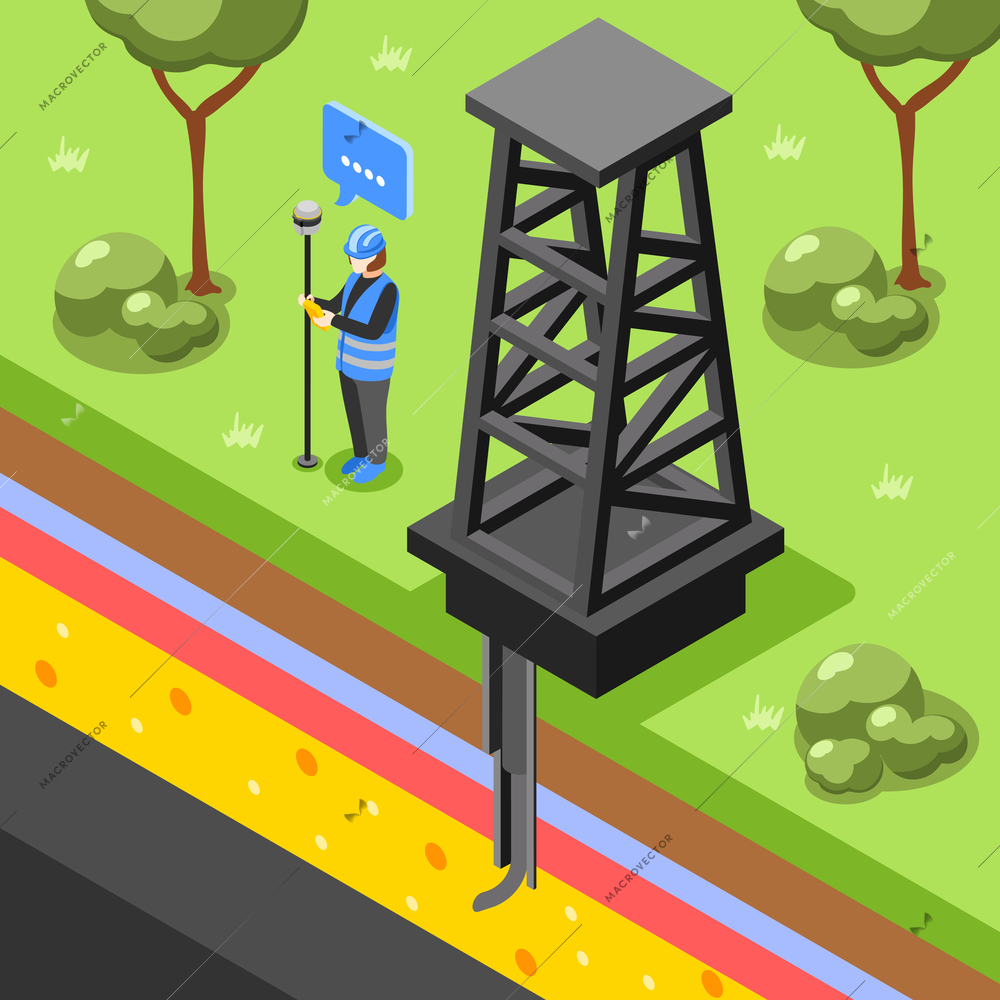 Geodesy isometric background with profile view of ground layers with tower pipe and measuring worker character vector illustration