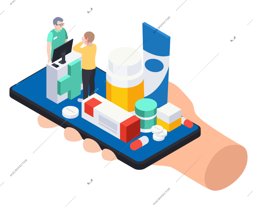 Modern pharmacy online store isometric composition with human holding smartphone with medication pharmacist and customer on screen 3d vector illustration