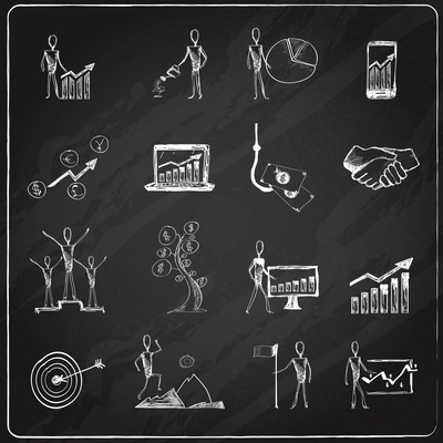 Doodle business structure management organization process chalkboard icons set isolated vector illustration