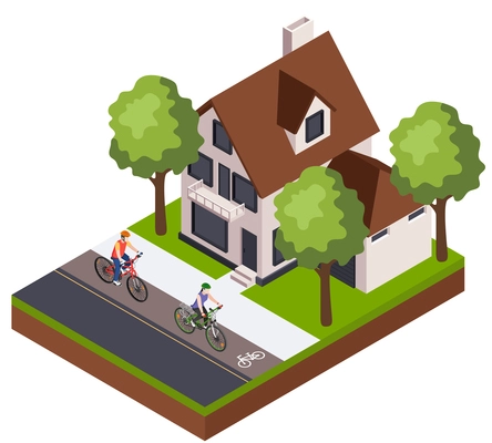 Isometric composition with man and woman cycling along bike lane past private house yard 3d vector illustration