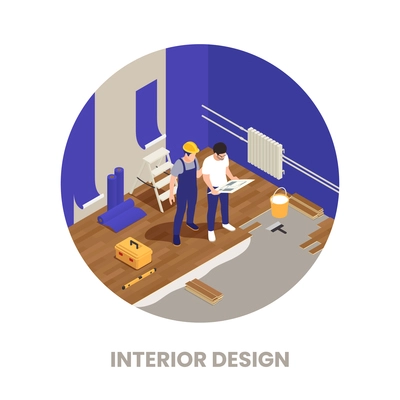 Interior designer supervises parquet flooring wallpaper hanging room remodeling isometric circular composition on white background vector illustration