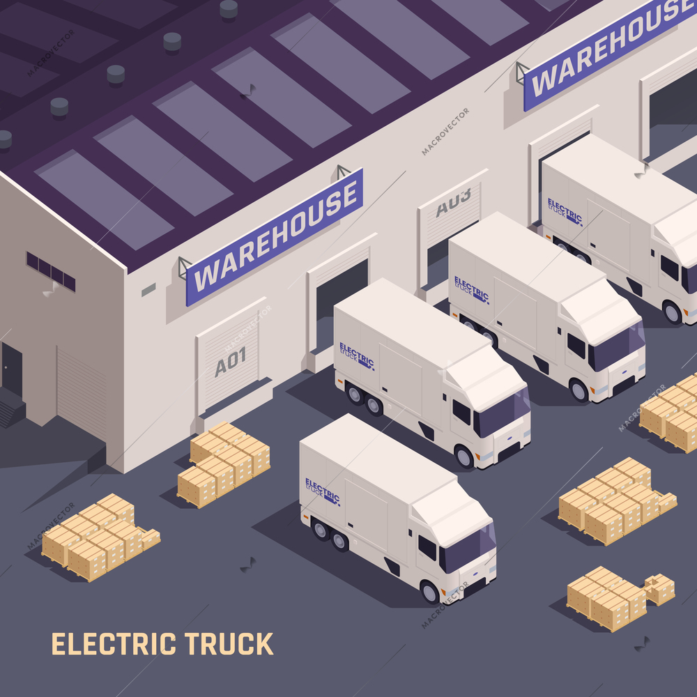 Warehouse loading dock with goods vehicles electric trucks delivery vans loaded and unloaded isometric composition vector illustration