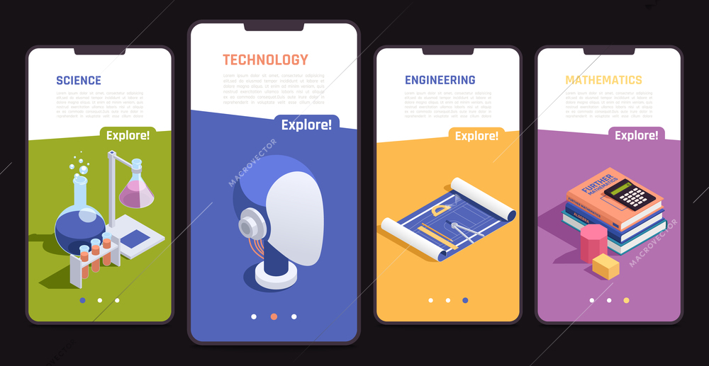 STEM education 4 isometric smartphone screens set with project science technology engineering mathematics programs symbols  vector illustration