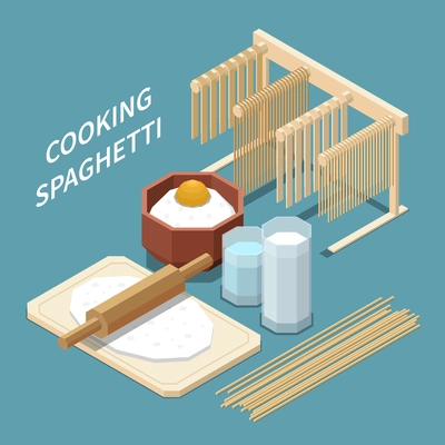 Macaroni pasta production isometric composition with ingredients for making spaghetti drying and prepared pasta vector illustration