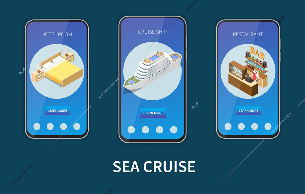 Sea cruise isometric vertical banner set with hotel room cruise ship and restaurant descriptions and learn more buttons vector illustration