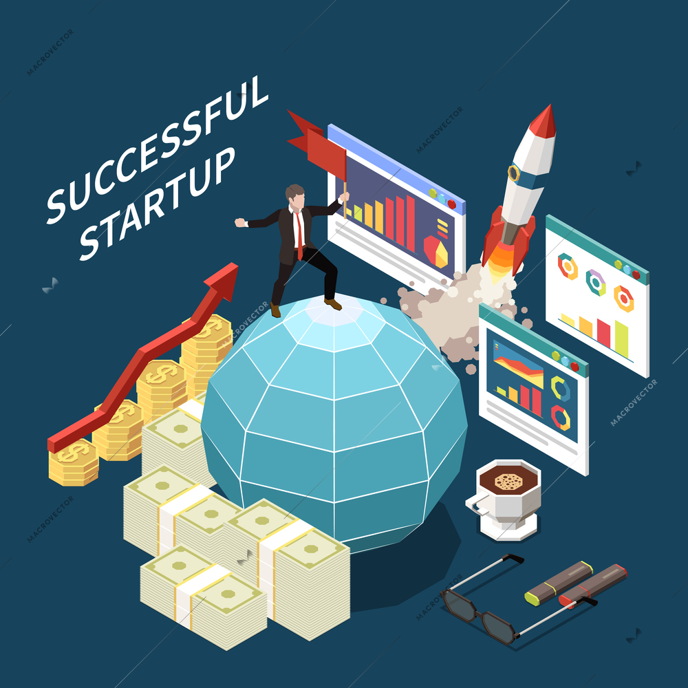 Startup project isometric concept with successful startup descriptions money bills and tools equipment vector illustration