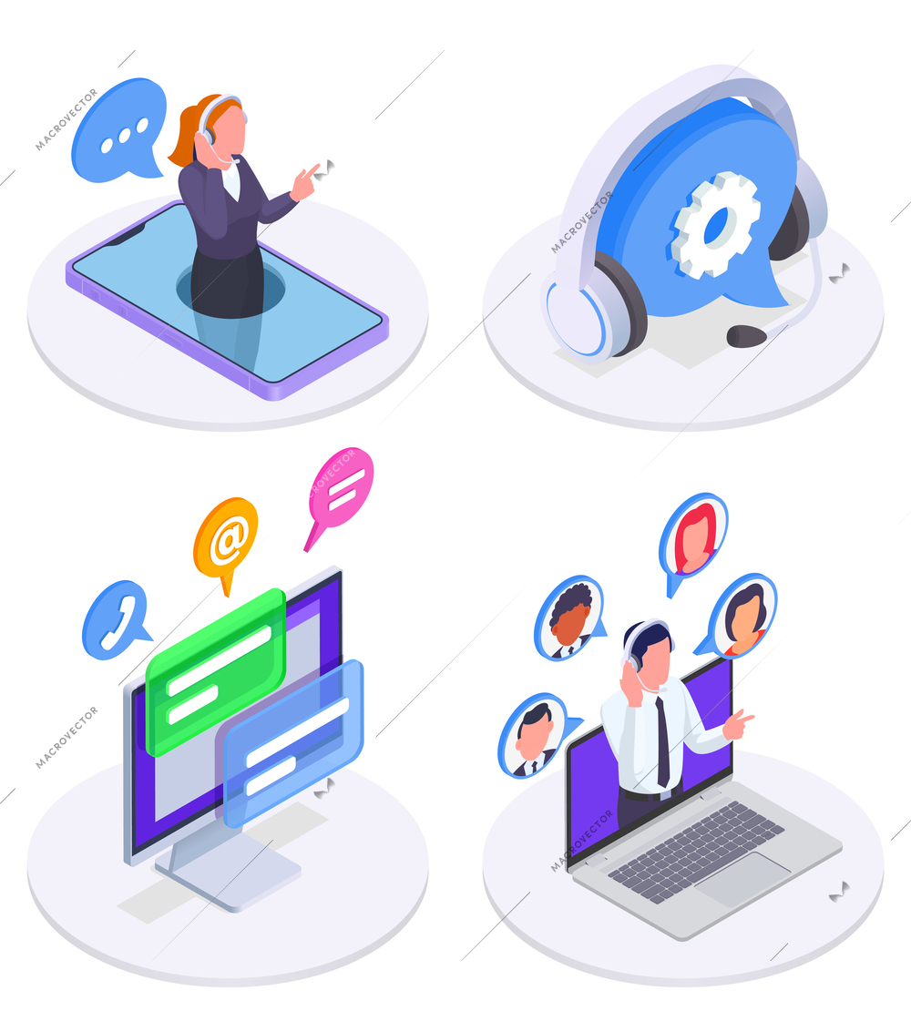 Call center set with technical support and response symbols isometric isolated vector illustration