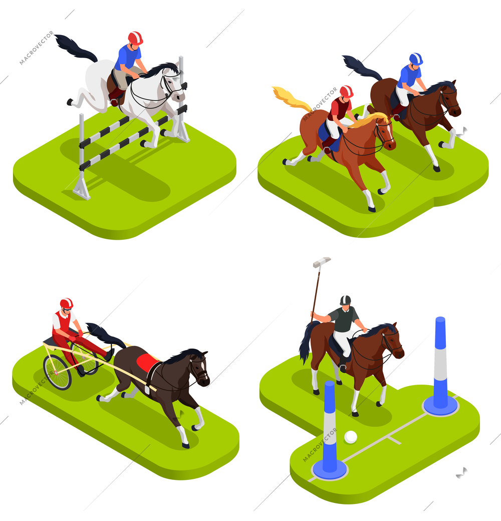 Equestrian sport design set with horse racing symbols isometric isolated vector illustration