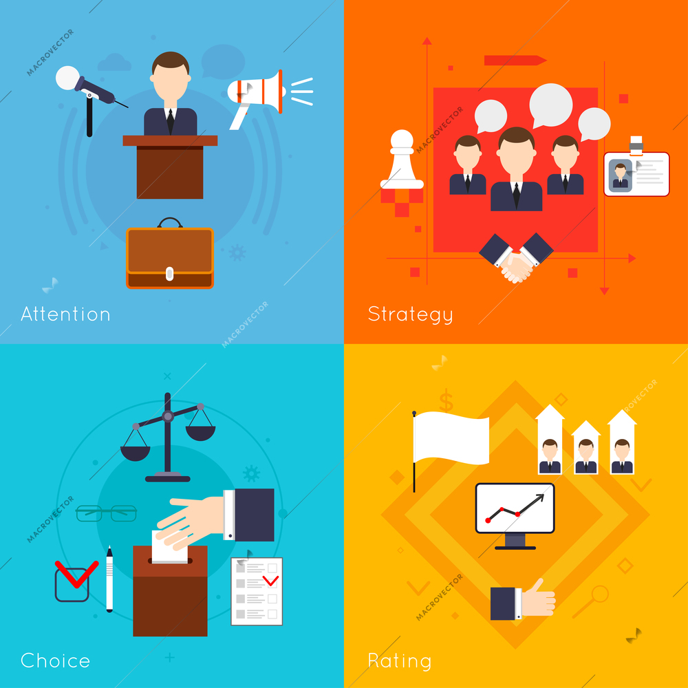 Elections and voting flat set with attention strategy choice rating isolate vector illustration