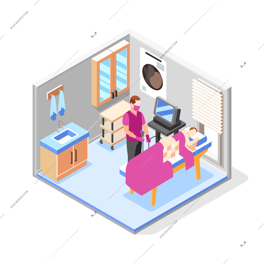 Health checkup composition with doctor in medical mask and male patient during colonoscopy procedure 3d isometric vector illustration