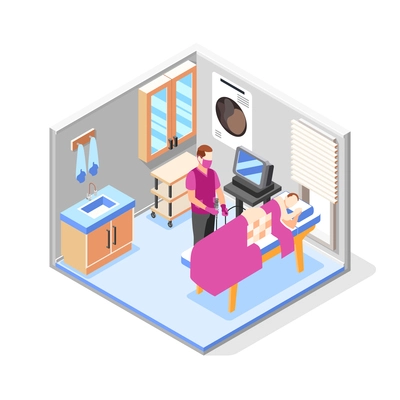 Health checkup composition with doctor in medical mask and male patient during colonoscopy procedure 3d isometric vector illustration