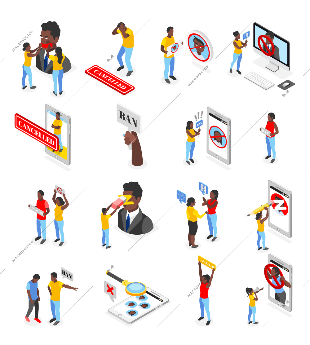 Cancel culture set with smartphone computer people erasing and banning others isometric isolated vector illustration