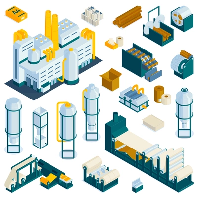 Set of isolated paper production icons with colorful images of plant facilities storage and industrial machinery vector illustration