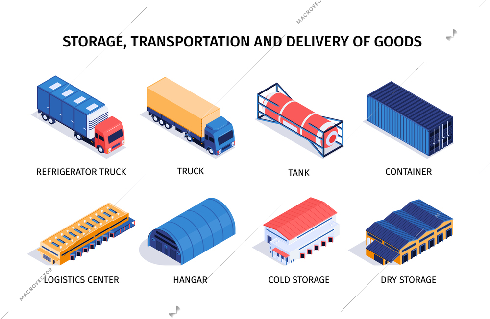 Isometric logistic set of compositions with isolated images of delivery vehicles storage and editable text captions vector illustration