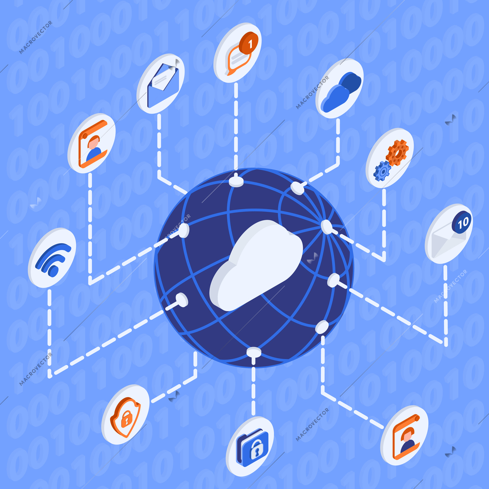 Flowchart of big data cloud storage with isolated elements flying around the earth isometric vector illustration