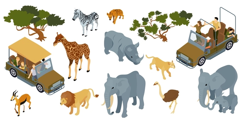 Isometric safari color set with isolated icons of desert trees animals and tourists riding in car vector illustration