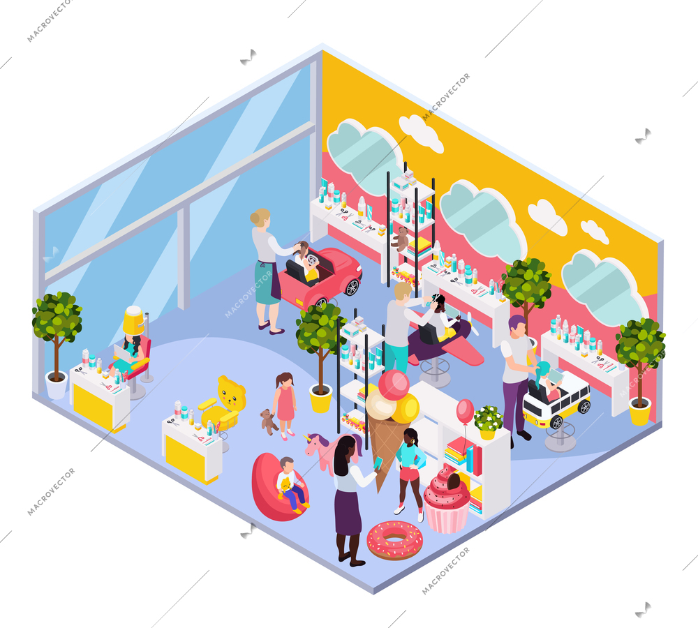 Children hairdresser beauty salon isometric composition with indoor interior characters of working haircutters kids and toys vector illustration