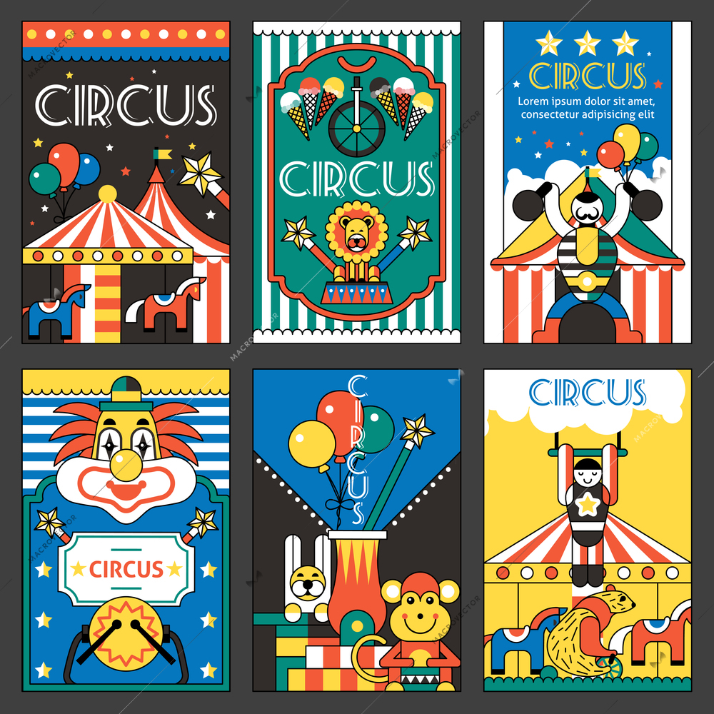 Circus entertainment fun park holiday retro posters set isolated vector illustration