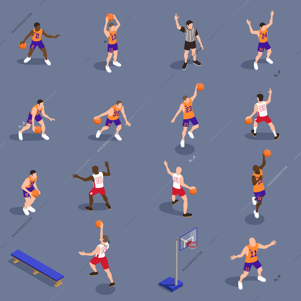 Basketball isometric set of isolated icons with bench basket and human characters of players different positions vector illustration