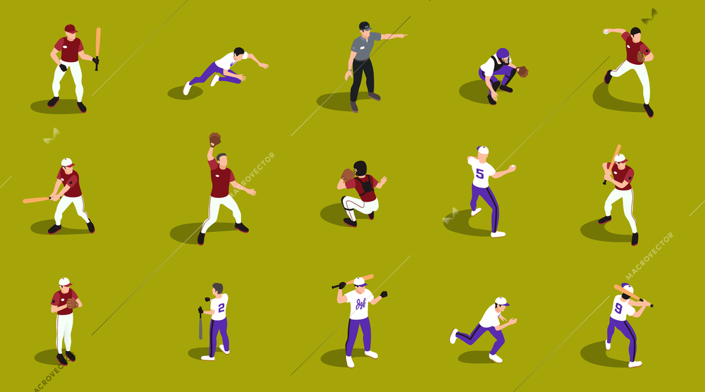 Baseball isometric set of isolated icons with human characters of ball players in various playing positions vector illustration