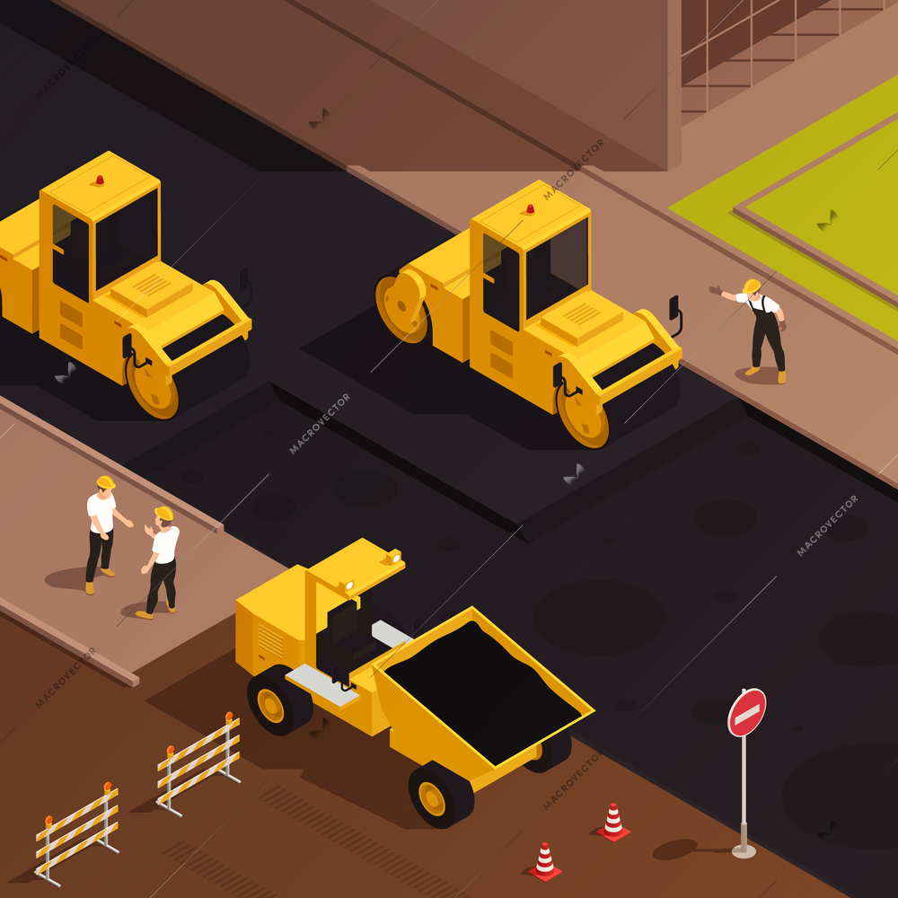 Road construction isometric composition with outdoor view of city street with characters of workers and machinery vector illustration
