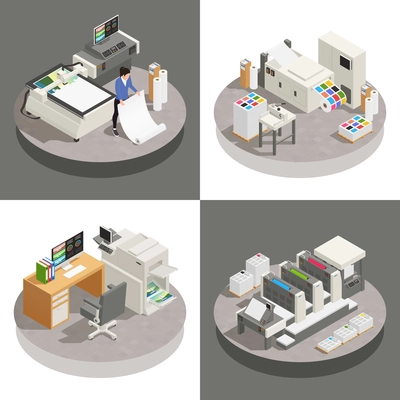 Printing house set of square compositions with isometric images of working places with electronic work stations vector illustration