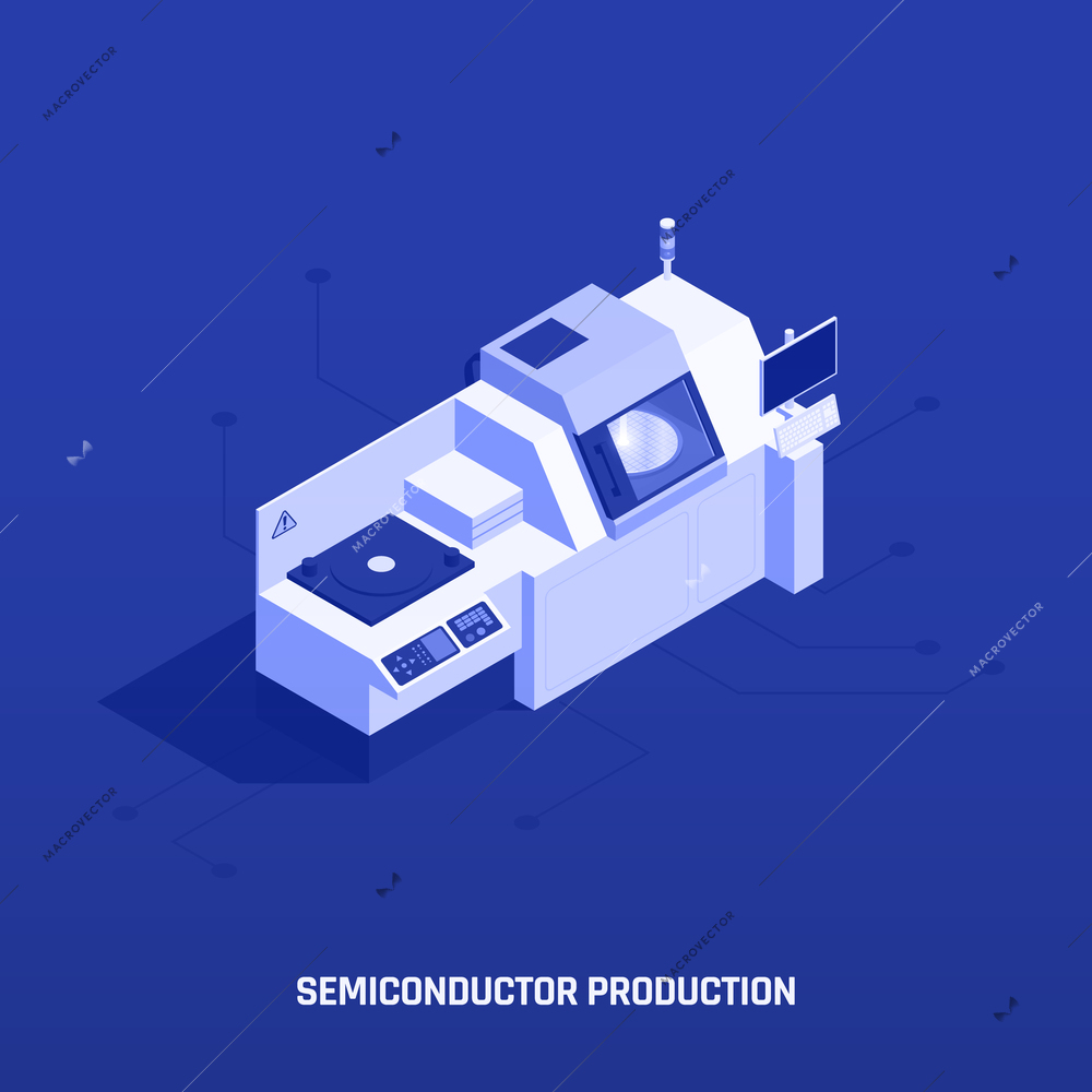 Semiconductor chip production isometric composition with image of work station with electronic appliances and editable text vector illustration
