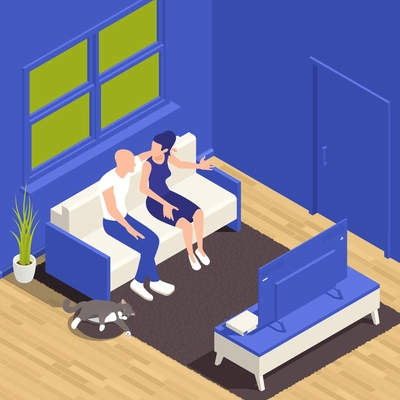 Sitting people isometric composition with home interior and characters of loving couple on sofa watching tv vector illustration