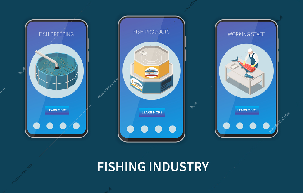 Industrial seafood production info app 3 smartphone screens with fish breeding tanks salmon butchery isometric vector illustration