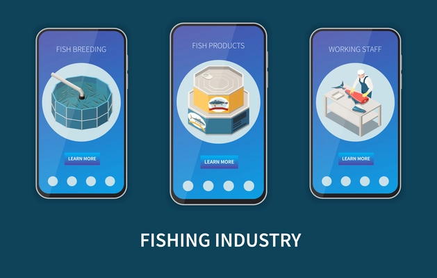 Industrial seafood production info app 3 smartphone screens with fish breeding tanks salmon butchery isometric vector illustration