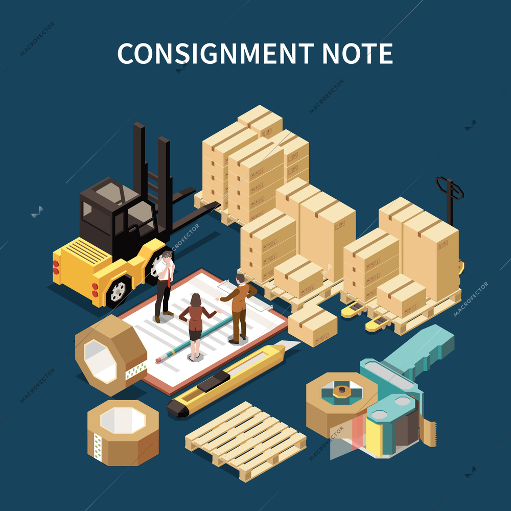 Procurement officer supplier chain manager and carrier standing on consignment note near purchased goods isometric vector illustration