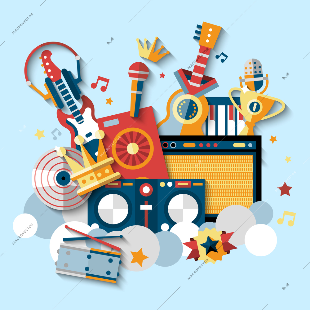 Musical instruments decorative icons set with guitar drums headphones vector illustration.