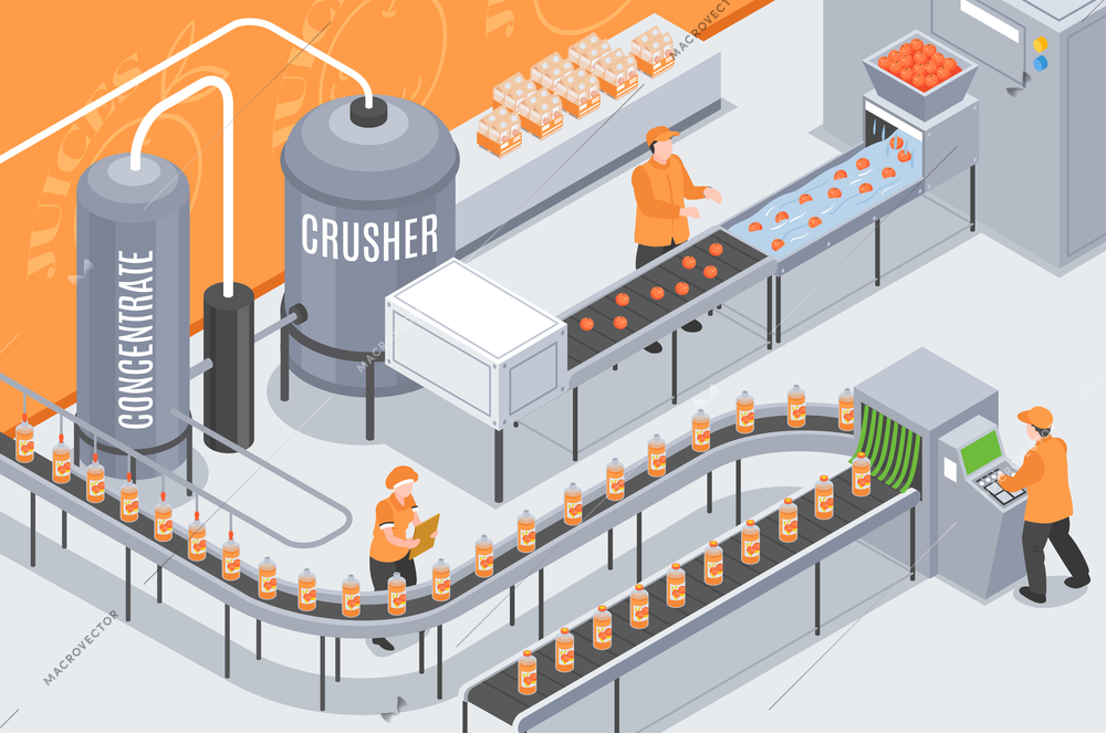 Isometric juice production composition with indoor view of plant department with conveyor line workers and bottles vector illustration