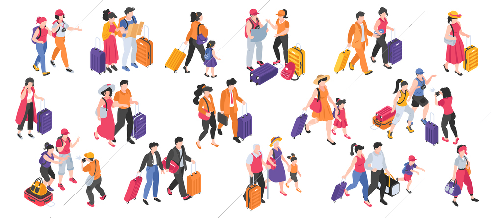 Set of isolated travel people color icons with isometric human characters of passengers with luggage bags vector illustration