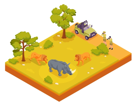 Safari isometric and colored composition two tourists photograph animals in the wild vector illustration