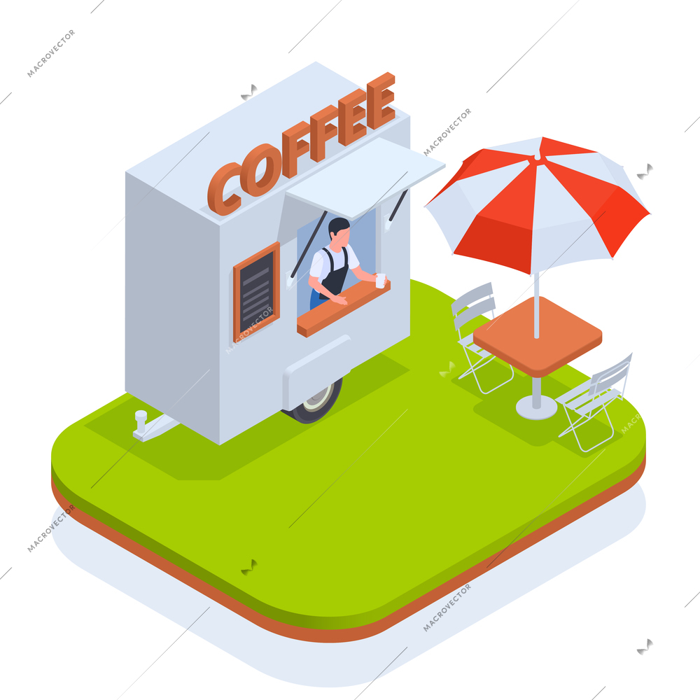 Small business owner family business colored isometric composition mini coffee truck and table for visitors nearby vector illustration