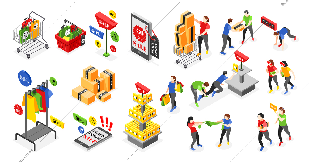 Black friday isolated icons with buyers near carts and shelves full of goods and shopping boxes isometric vector illustration