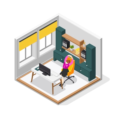 Office stretches 3d composition with female person stretching body sitting in chair at her desk vector illustration