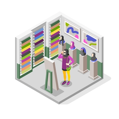 Hijab isometric composition with modern muslim girl trying on headdress in store in front of mirror vector illustration