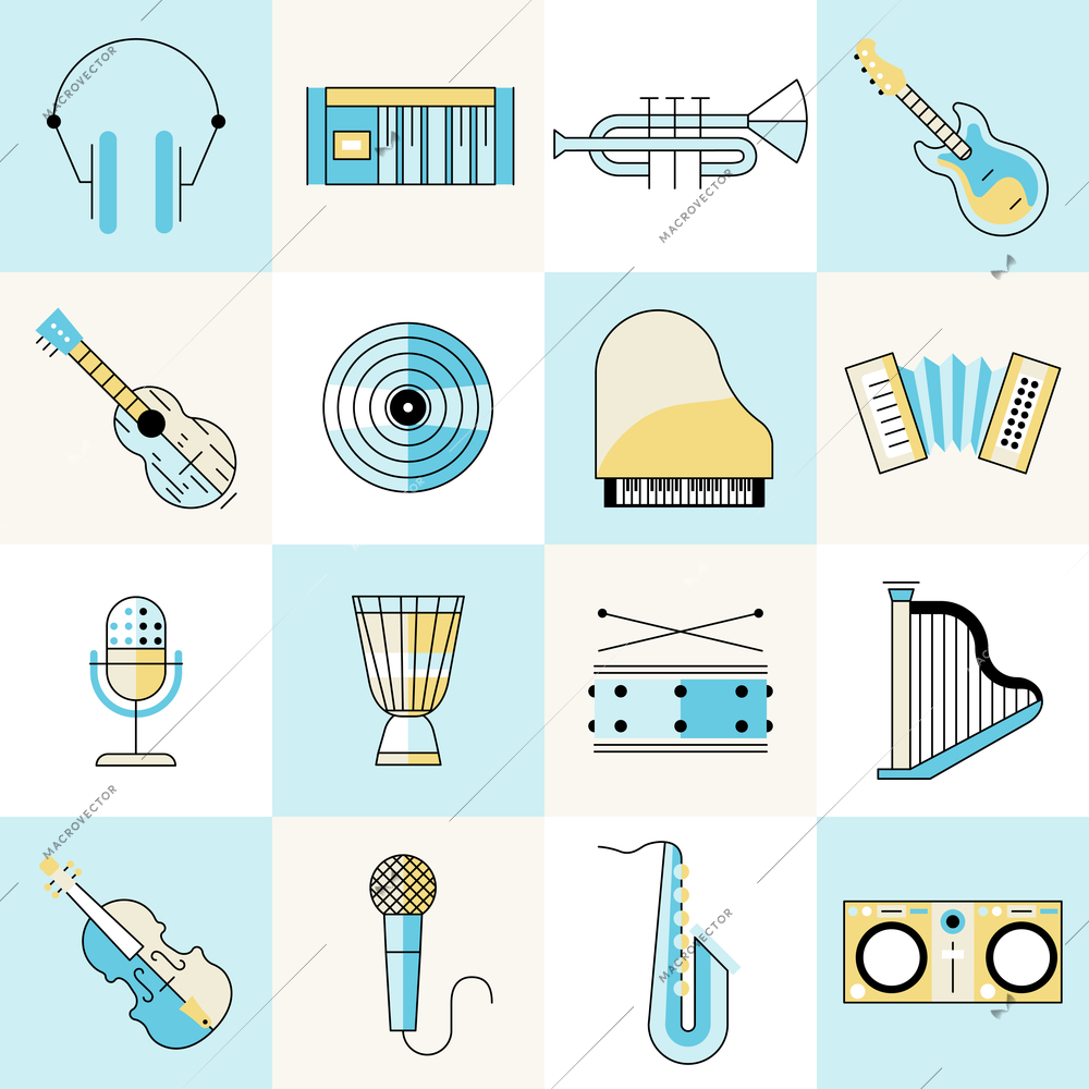 Musical instruments flat line icons set with headphones keyboard trumpet guitar isolated vector illustration