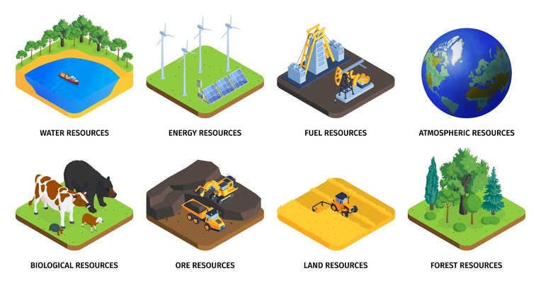 Natural resources isometric elements set with water energy land forest biological air wind minerals isolated vector illustration