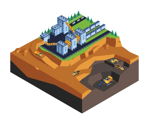 Open pit mining minerals extraction and processing facility excavators trucks ore loading machinery isometric composition vector illustration