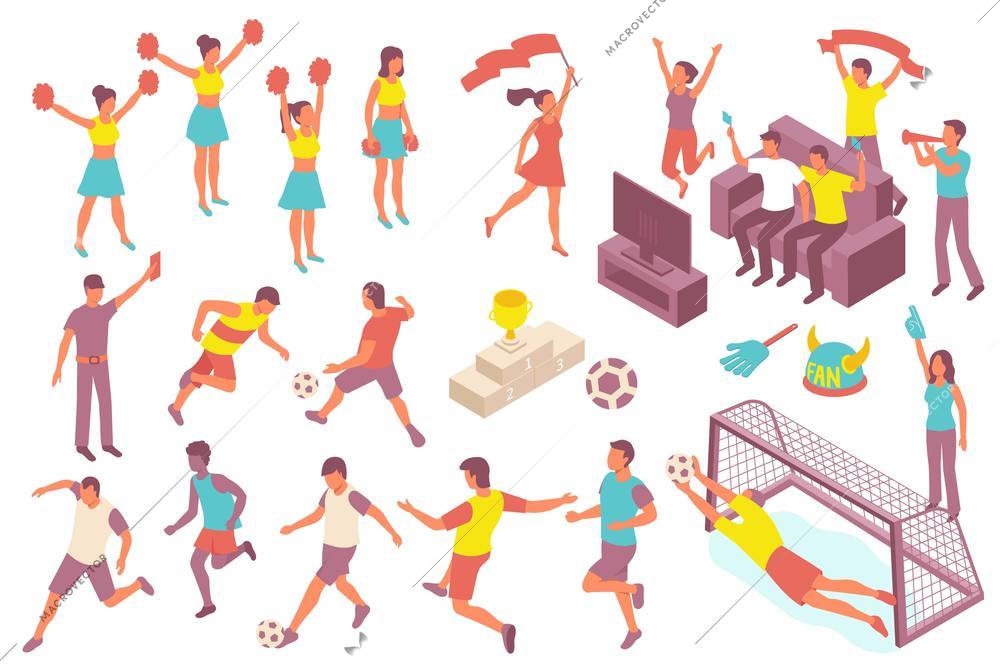 Isometric icons set with athletes playing football cheerleaders and fans watching sports on TV vector illustration
