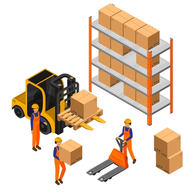 Warehouse isometric composition with human characters of workers carrying freight boxes with forklift and shelves rack vector illustration