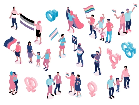 LGBT community symbols gay activists pride day celebrations parade rainbow flags homosexual parents isometric elements set vector illustration