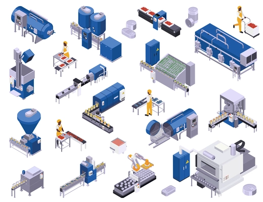 Canned food production isometric set of isolated icons with plant facilities storage tanks lines and workers vector illustration