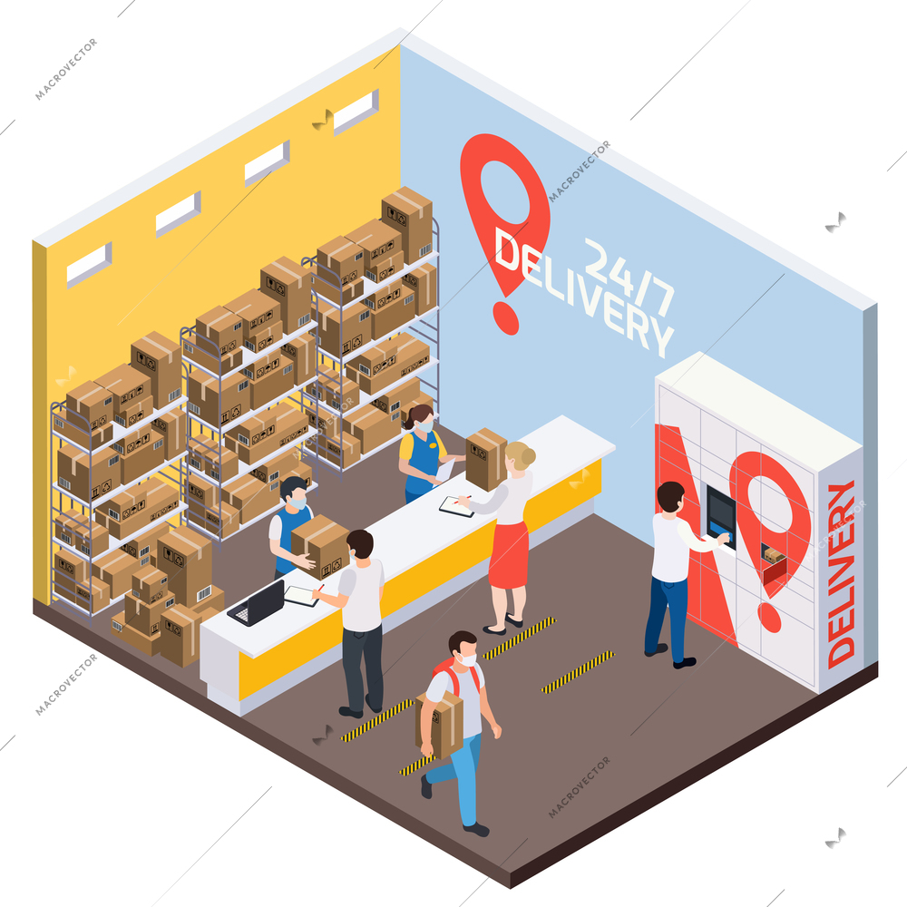 Delivery service isometric composition with indoor view of pickup point with shelves reception counter and people vector illustration