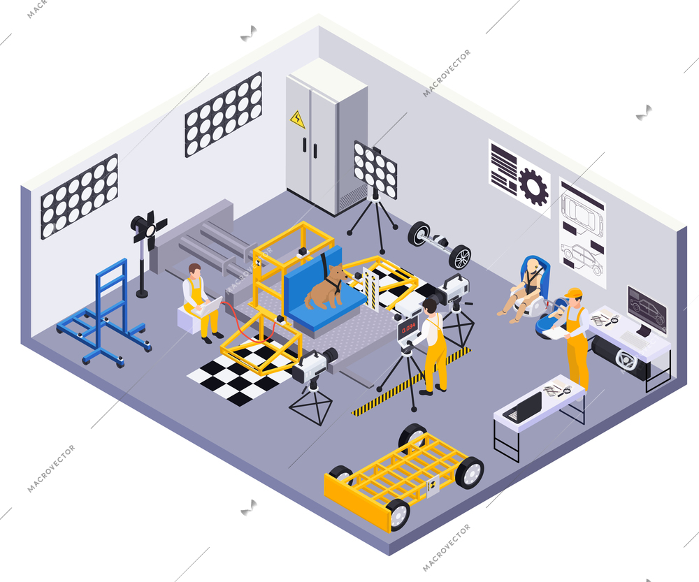 Crash test car safety isometric composition with indoor scenery and tied dog with engineers making measures vector illustration